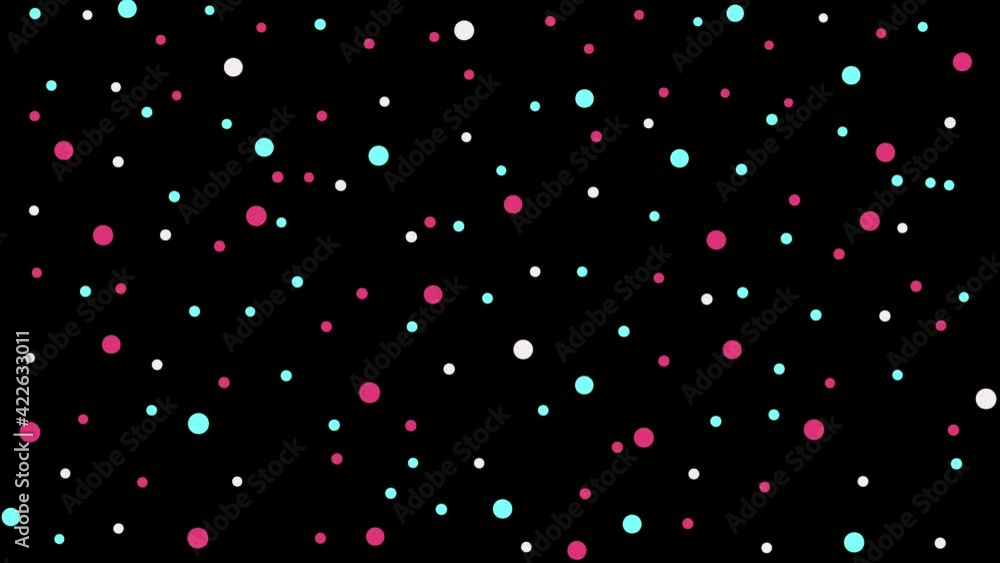 Aufkleber animation of multicolored distorted dots moving on seamless loop on black background.