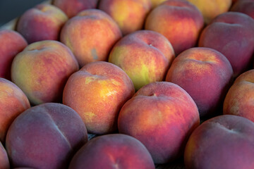 Healthy eating, seasonal fruit and diet concept. Ripe natural peaches.