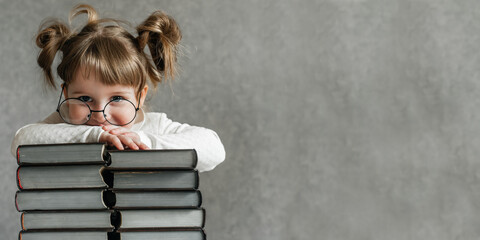 Happy funny baby girl in glasses reading a book. Emotional girl. To school soon. Copy space.