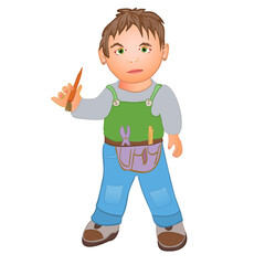 Little Boy wearing tool belt plays with tools. Isolated on white background.
