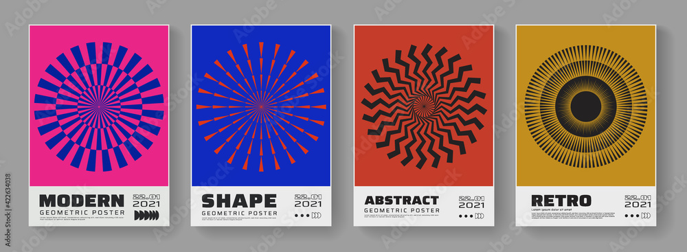 Poster set of abstract circle shapes. modern geometric poster. sun rays and firework signs.