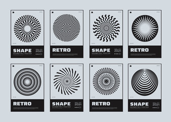 Set of minimalist posters with abstract circle shapes. Meta modern covers. Swiss design pattern. Futuristic geometric composition. Bauhaus monochrome artwork.