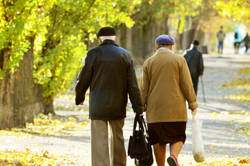 Obraz premium retired couple walking in autumn park,grandmother and grandfather