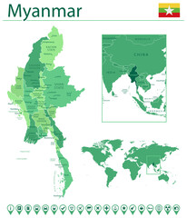 Myanmar detailed map and flag. Myanmar on world map.