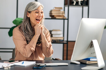 Amazed senior gray-haired happy Asian woman, freelancer, manager, looks at the computer screen, made good profit or news, made profitable deal, gestures with her hands, joyful expression on her face