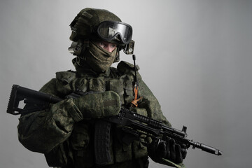 Male in russian infantry protect uniform. Isolated on grey background.