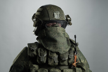 Male in russian infantry protect uniform. Isolated on grey background.
