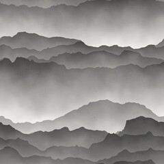 Seamless gray mountains fading into fog. High quality illustration. Gorgeous abstract mountain range print for surface design. Seamless repeat raster jpg pattern swatch. Grey paper texture overlay.