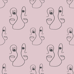 Seamless pattern, contour line, fantasy faces of a man and a woman, profile,
plain background.