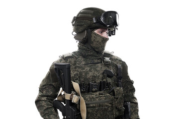 Male soldier in masking camo (green) suit. Shot in studio. Isolated on white background.