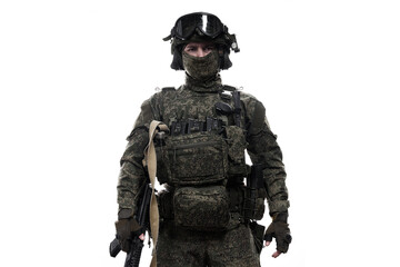 Fototapeta premium Male soldier in masking camo (green) suit. Shot in studio. Isolated on white background.