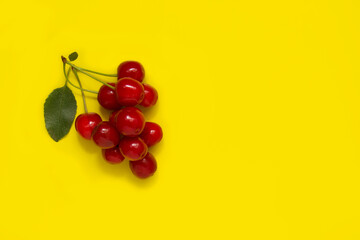 A bunch of ripe fresh red cherries on a yellow background. Horizontal format. Advertising model. Place for text