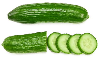 cucumber with slices isolated on white background. clipping path. top view