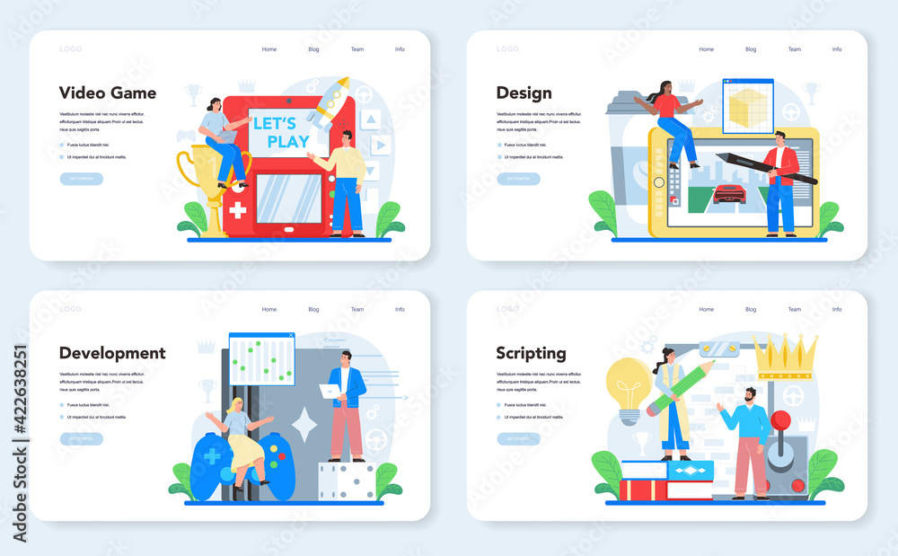 Poster video game development web banner or landing page set. creative process