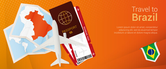 Travel to Brazil pop-under banner. Trip banner with passport, tickets, airplane, boarding pass, map and flag of Brazil.