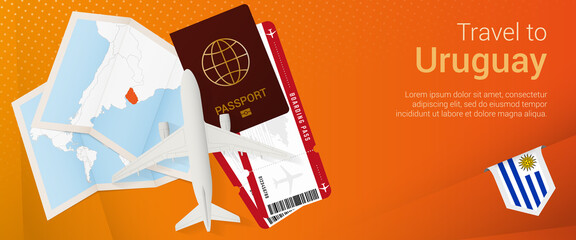 Travel to Uruguay pop-under banner. Trip banner with passport, tickets, airplane, boarding pass, map and flag of Uruguay.