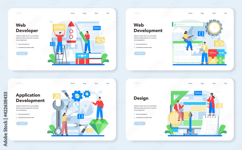 Poster web development web banner or landing page set. website optimization