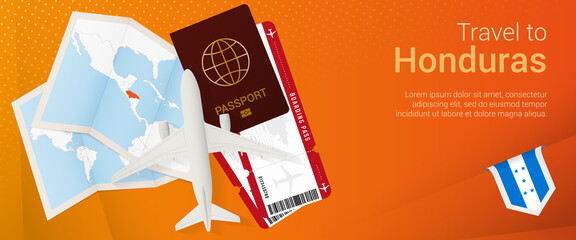 Travel to Honduras pop-under banner. Trip banner with passport, tickets, airplane, boarding pass, map and flag of Honduras.