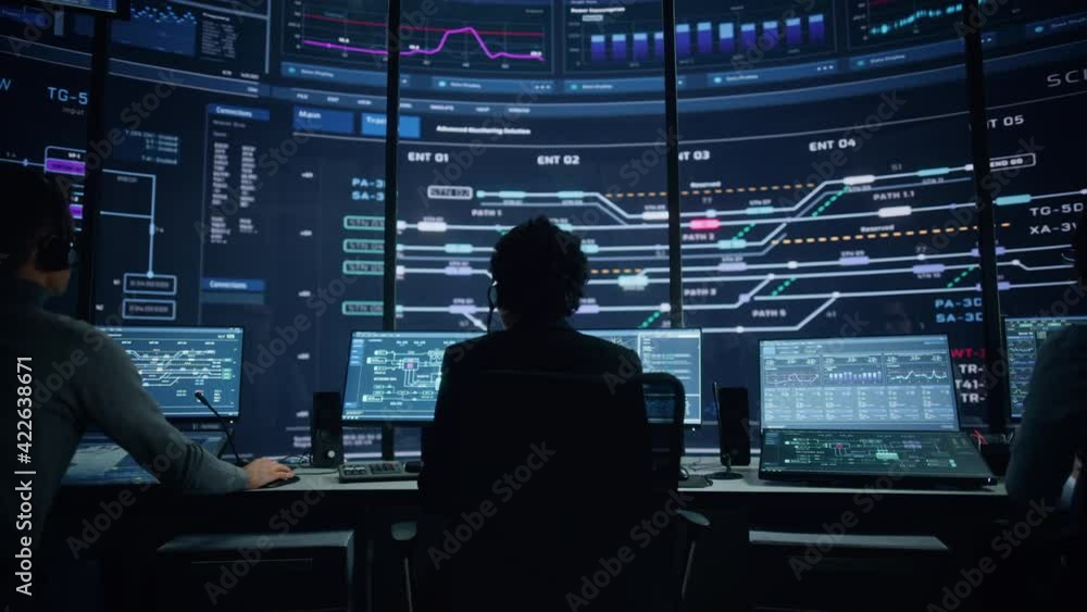 Poster Professional IT Technical Support Specialists and Software Programmer Working on Computers in Monitoring Control Room with Digital Screens with Server Data, Blockchain Network and Surveillance Maps. 