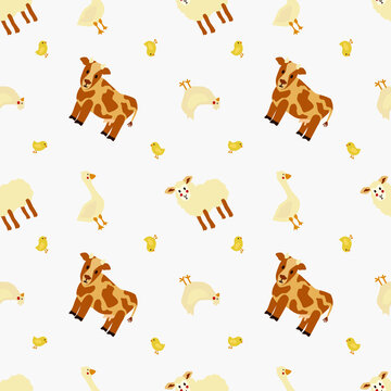Seamless vector pattern with farm animals.  Goose, cow, hen, lamb and chicken.  Background pattern for bed linen, diapers, baby clothes, wrapping paper and textiles.