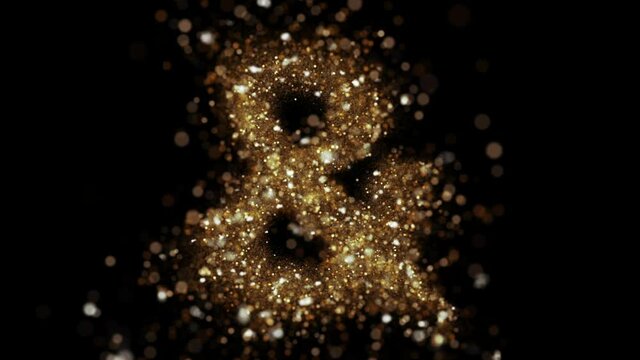 Gold glitter ampersand symbol fly into camera. Golden glitter alphabet symbol reveals on black background.
