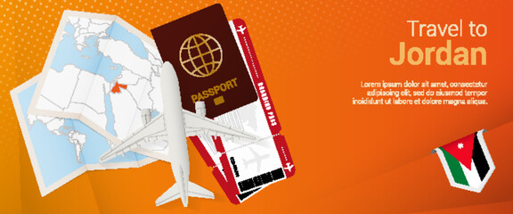 Travel to Jordan pop-under banner. Trip banner with passport, tickets, airplane, boarding pass, map and flag of Jordan.