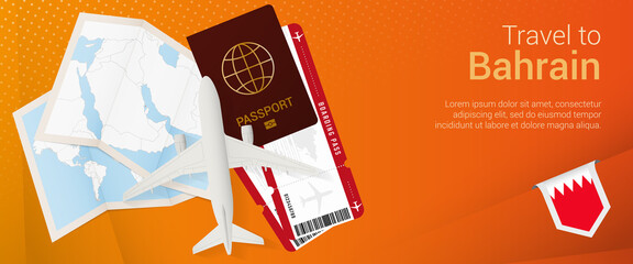 Travel to Bahrain pop-under banner. Trip banner with passport, tickets, airplane, boarding pass, map and flag of Bahrain.