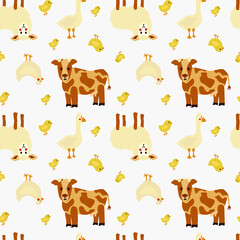 Obraz na płótnie Canvas Seamless texture with farm animals - cow, lamb, chicken. Background with cute domesticated animals and birds - patterns for diapers, gift wrapping.