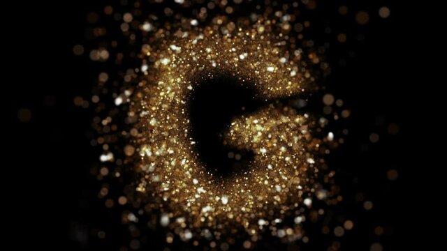 Gold glitter letter G fly into camera. Golden glitter alphabet symbol reveals on black background.