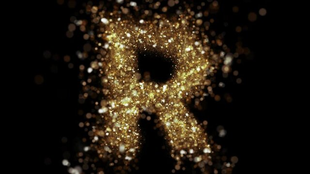Gold glitter letter R fly into camera. Golden glitter alphabet symbol reveals on black background.
