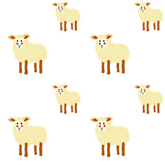 Seamless background with lamb. Cartoon sheep with red cheeks. Simple modern vector pattern in flat style. Sheeps on white backdrop.
Great for chilrens textile, design packaging, wrapping paper.