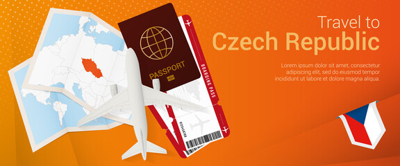 Travel to Czech Republic pop-under banner. Trip banner with passport, tickets, airplane, boarding pass, map and flag of Czech Republic.