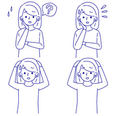困惑しているミディアム女性イラスト線画セット