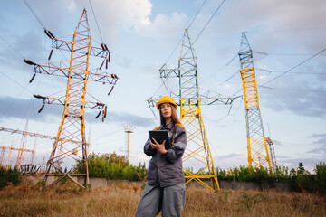 A young engineering worker inspects and controls the equipment of the power line. Energy