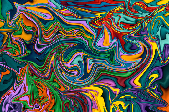 Distorted liquify colourful background. Vibrant saturated swirls and patterns