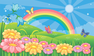Fototapeta premium Fairytale background with flower meadow and rainbow. Fabulous landscape with daisies, bluebells and butterflies. Magic nature. Countryside or farm. Children's wallpaper. Cartoon illustration. Vector.