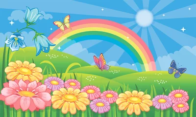 Rolgordijnen Sprookjesachtige achtergrond met bloemenweide en regenboog. Fantastisch landschap met madeliefjes, klokjes en vlinders. Magische natuur. Platteland of boerderij. Kinder behang. Cartoon afbeelding. Vector. © penochka1