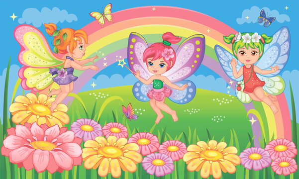 Little girl. Small fairy, princess. Butterflies with colorful wings. Fairytale background with flower meadow, rainbow. Fabulous landscape. Children wallpaper. Cartoon illustration. Wonderland. Vector.
