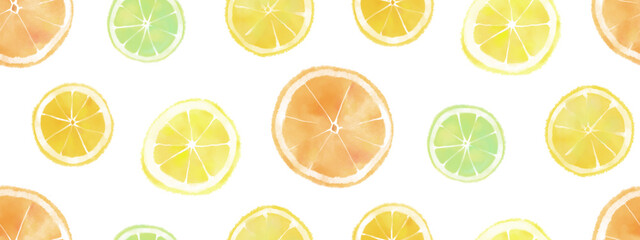 Seamless pattern of hand drawn watercolor citrus fruit set, endless illustration of lemon, lime and orange slices. Aquarelle sketch of summer food collection, isolated on white background