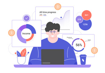 Man with a laptop and charts. Data analysis, trading, increasing income. Successful investor, broker. Analysis of trends and dynamics of stock prices. Vector flat illustration.