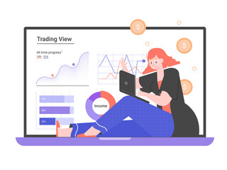 Personal investment. Web application for a trader. Character and big laptop with graphs. Analysis of trends and dynamics of stock prices. Woman is holding the laptop.Vector flat illustration.