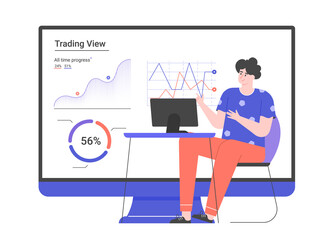 Personal investment. Web application for a trader. Character and big monitor with graphs. Analysis of trends and dynamics of stock prices. Man with computer.Vector flat illustration.