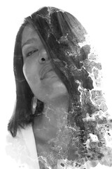 A modern double exposure portrait of a woman