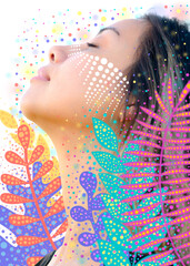 An artistic portrait with many dots and floral leaves