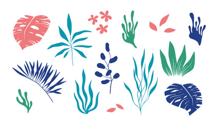 Abstarct tropical plants. Summer time foliage, monstera, jungle leaves, green garden flowers. Trendy minimal vector art