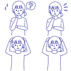 困惑している女性イラスト線画セット