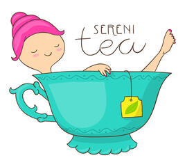 Cute illustration of a girl relaxing in a nice cup of tea with the hand written quote sereniTEA