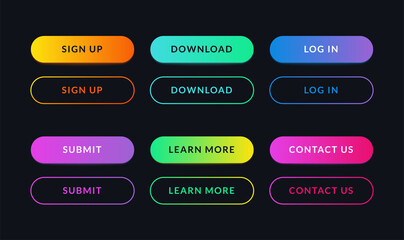 Gradient web ui buttons. Set of neon internet menu elements, app interface in dark and bright colors. Vector art