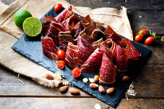 Typical dried spanish meat, cecina, spanish tapa