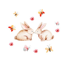 Watercolor baby bunnies in love with butterflies